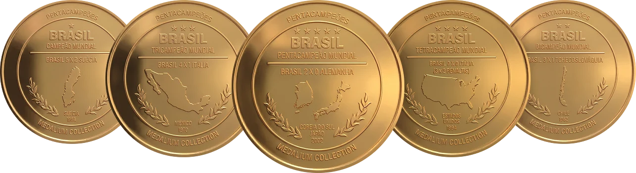 Medalhas dos titulos de 1958, 1962, 1970, 1994 e 2002 da seleção brasileira de futebol