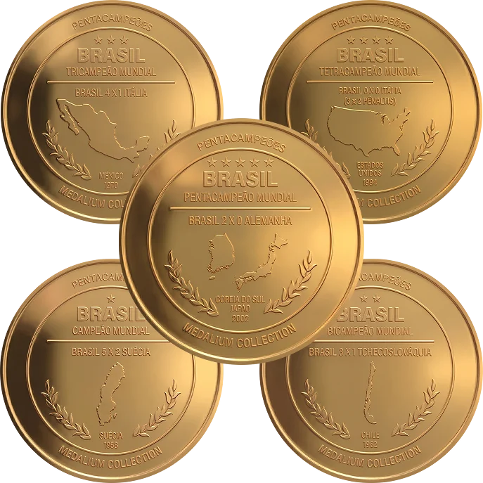 Medalhas dos titulos de 1958, 1962, 1970, 1994 e 2002 da seleção brasileira de futebol